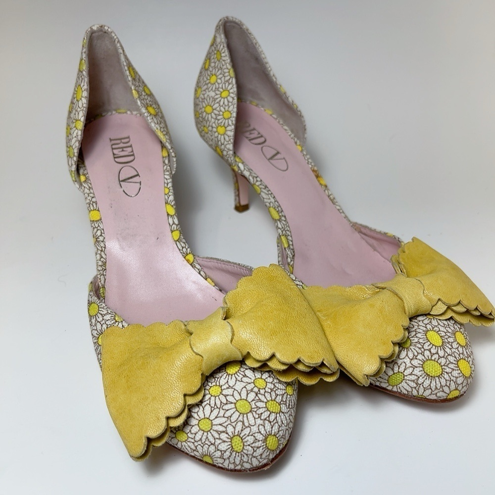 Red Valentino Womens 36.5 Daisy Floral D'Orsay Yellow Leather Bow Kitten Heels